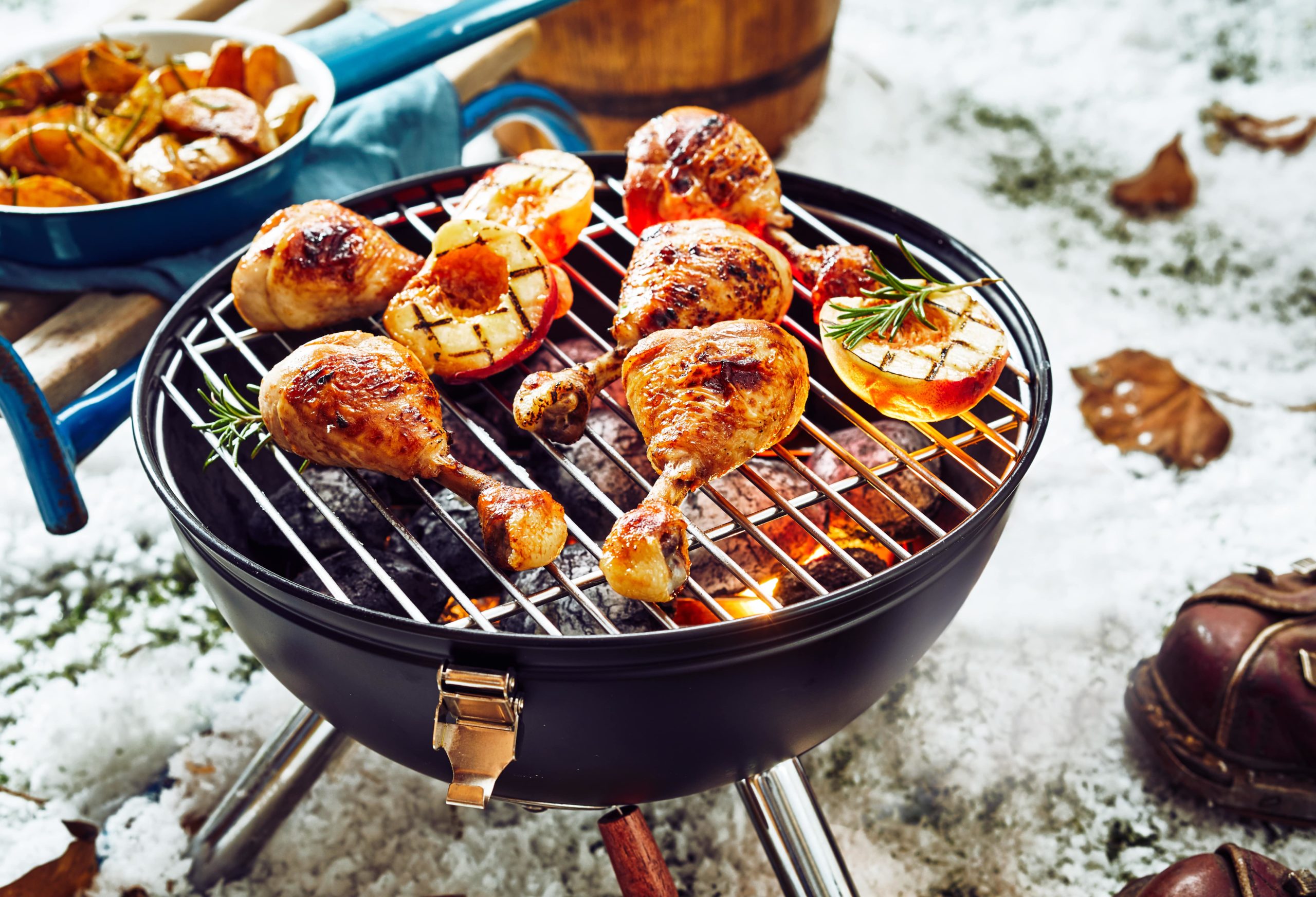 grilled chicken legs and fruit on grill in winter